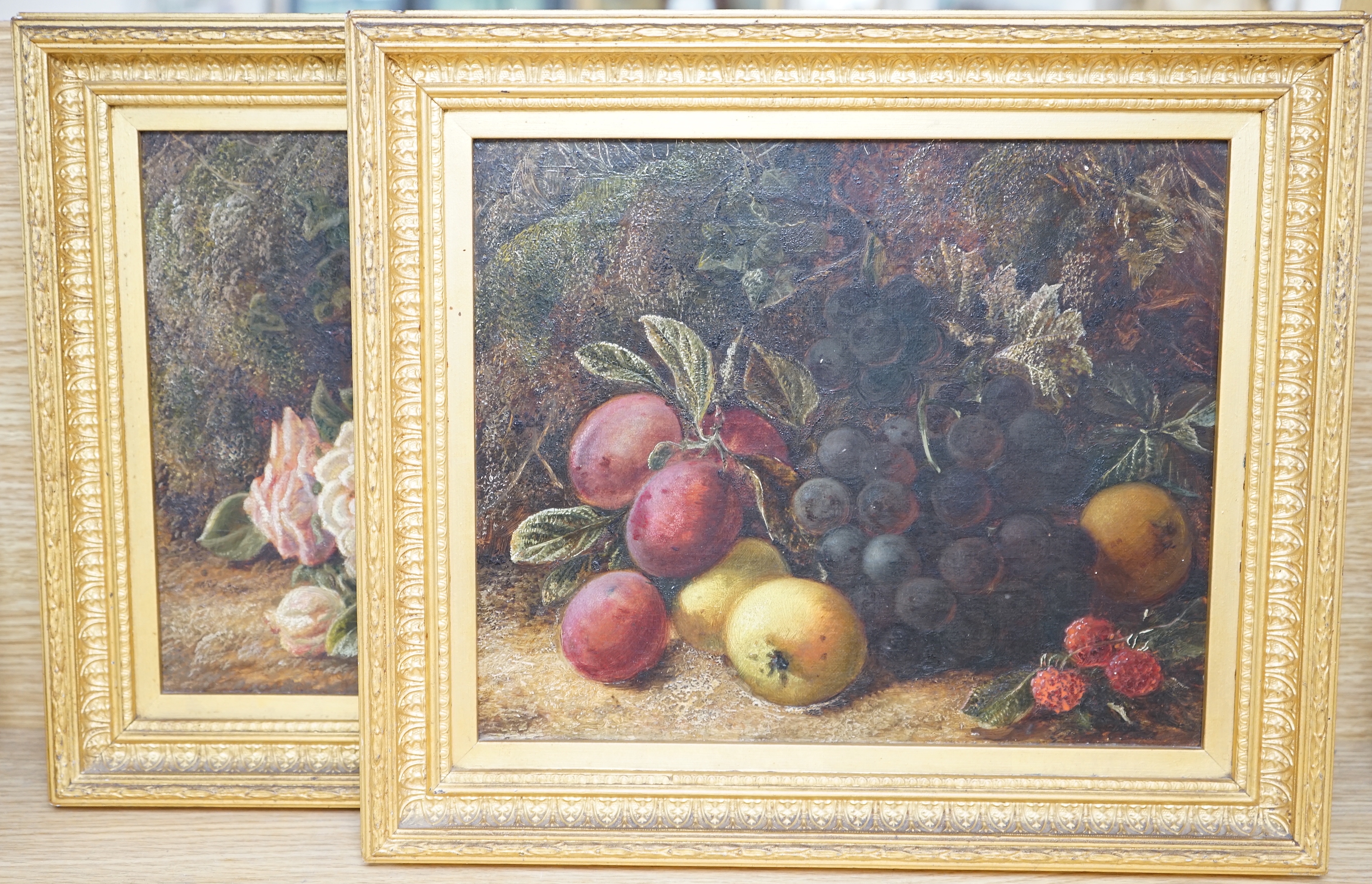 After George Clare (1835-1890), pair of oils on canvas, Still lifes of fruit and flowers, each bearing signature, 25 x 29cm